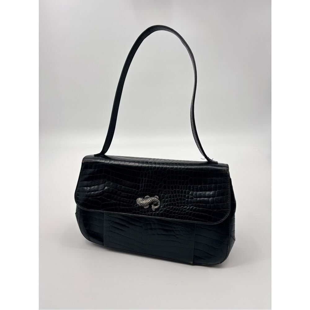 Vintage Vicenza Inc Purse | Black Croc-Embossed Shoulder Bag with Silver Accent